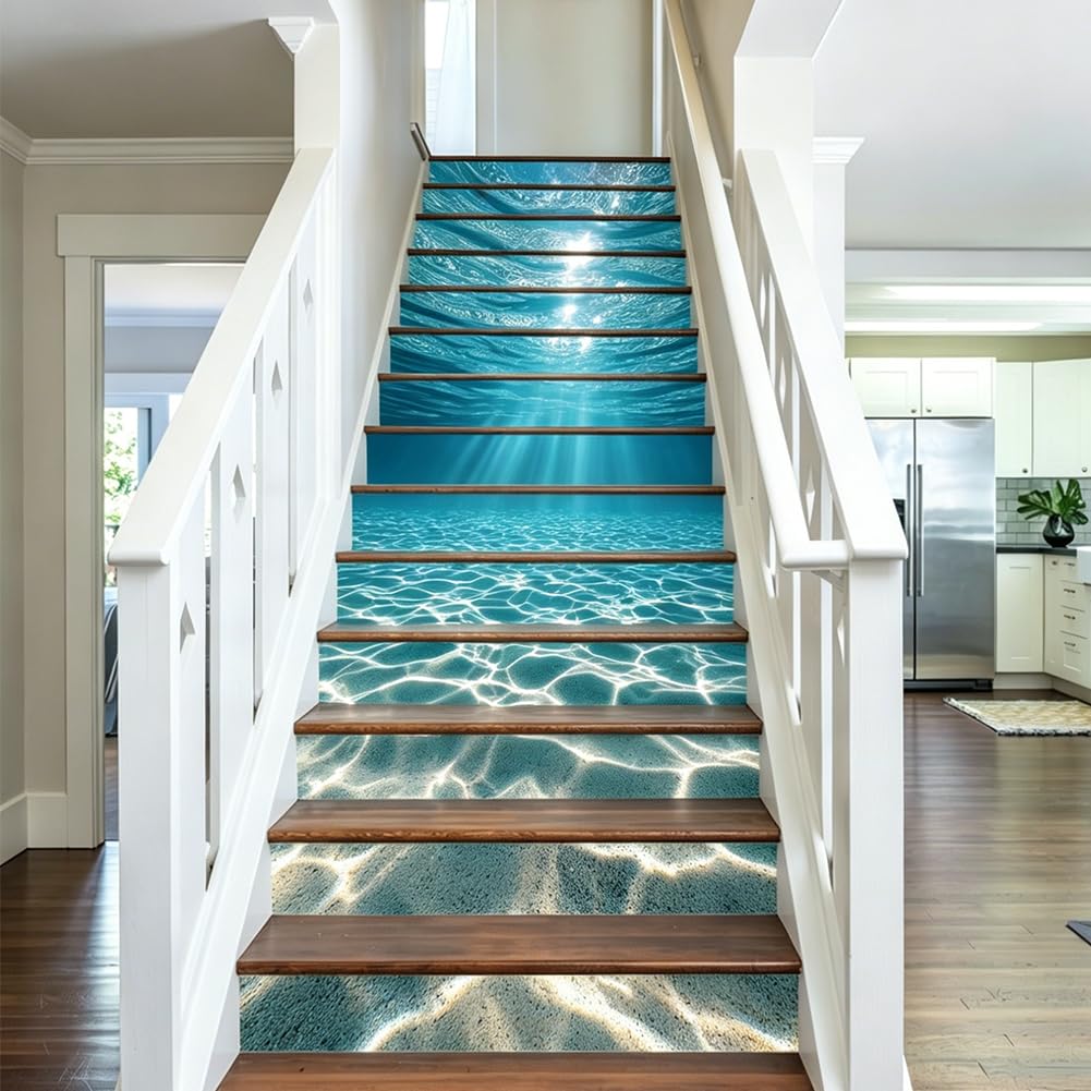 PLIGREAT 15 Strips 3D Seabed Stair Decals, Peel and Stick DIY Stair Riser Stickers for Steps 18x100cm Self-Adhesive Vinyl Ocean Theme Staircase Murals for Home Hotel Decor