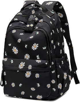 Mfikaryi Daisy Prints Backpack for Girls Middle School Bookbag Elementary School Bags for Teens | Black Daisy Backpack Large Capacity School Bag for Kids Durable & Water-Resistant Backpack
