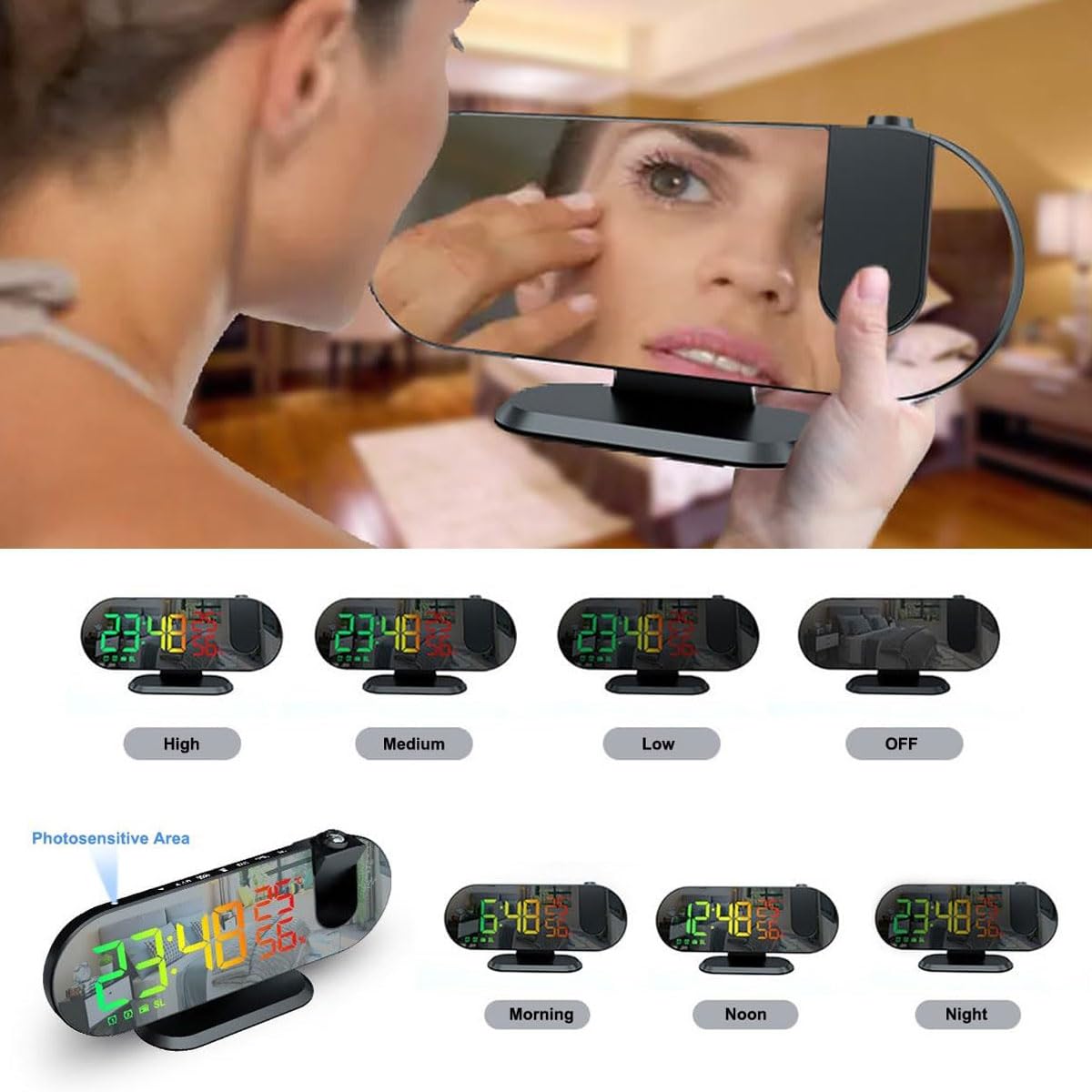 Projektionswecker, um 180° drehbare Projektor-RGB-Uhr, LED-Digital-Temperatur-Feuchtigkeitsmonitor mit Radio, Schlummerfunktion, 4-Stufen-Dimmer, 12/24 Stunden, USB-Ladeuhr für Schlafzimmer