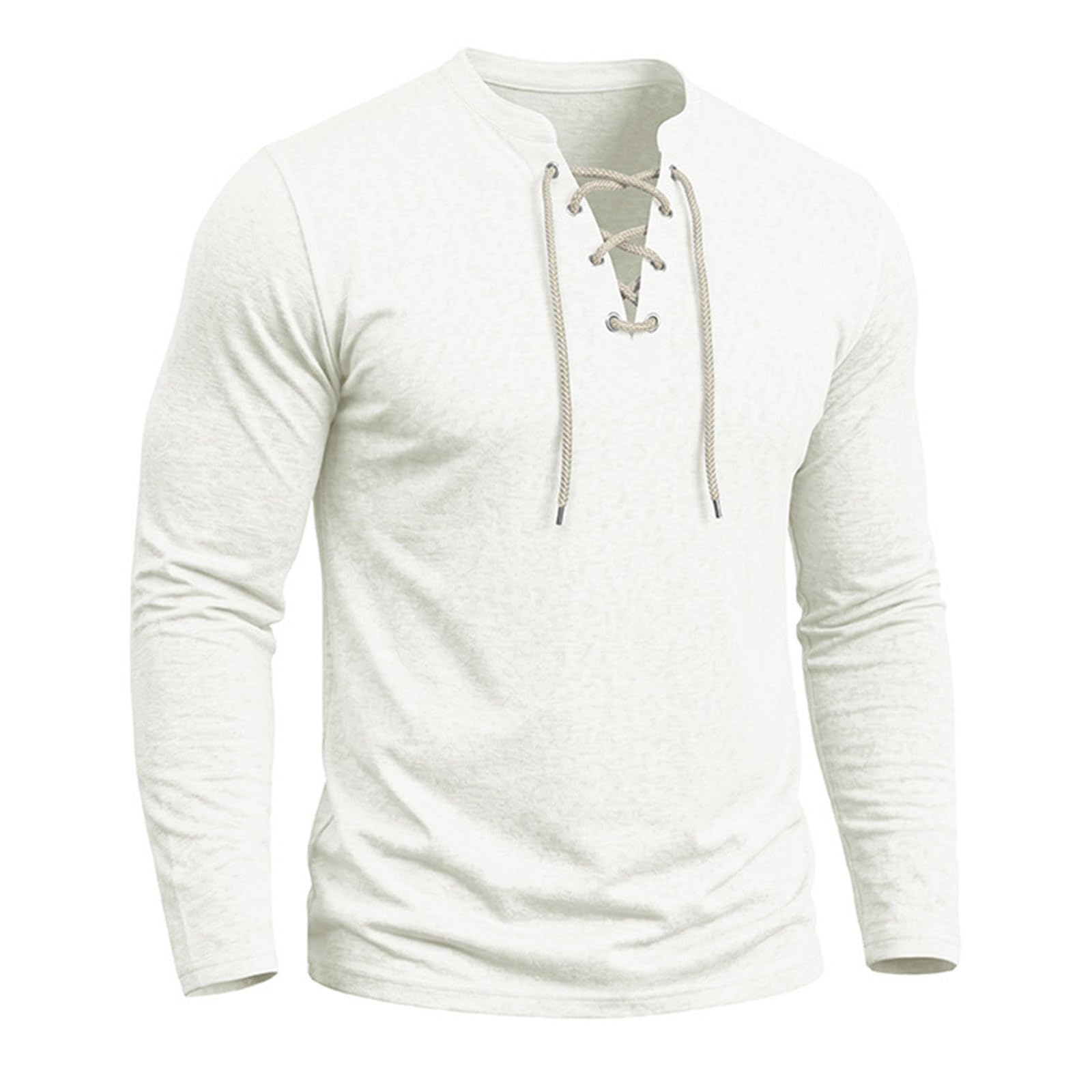 T-Shirt à Manches Longues Homme Gris foncé, col Fendu avec laçage décoratif, Tissu Doux Coupe Confortable pour Tenues décontractées et Quotidien