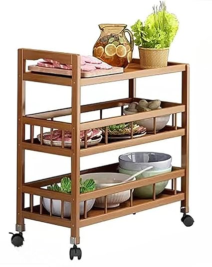 MUGATH 3-Tier Bamboo Serving Trolley,Wood Rolling Bar Cart Wine Serving Cart with Wheels,Utility Cart, Kitchen Storage Cart, Seasoning Rack or Dining Room Wine Serving Trolley(50L*30W*82H)