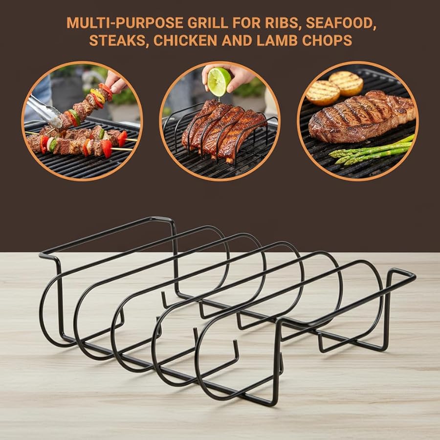 Zntezed 12-Inch Rib Rack for Smoking and Grilling, Stainless Steel Nonstick Rib Holder for Smoker Grill, Vertical BBQ Rack Holds up to 4 Back Ribs, Fits Gas Charcoal Pellet Grills, Black - image 5