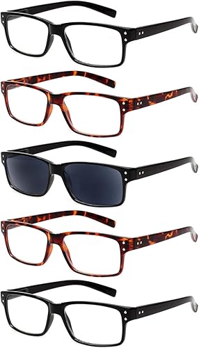NORPERWIS - Juego de 5 pares de anteojos de lectura de calidad, con bisagras de resorte, unisex (2 negro, 2 carey, 1 de sol, 0.50)
