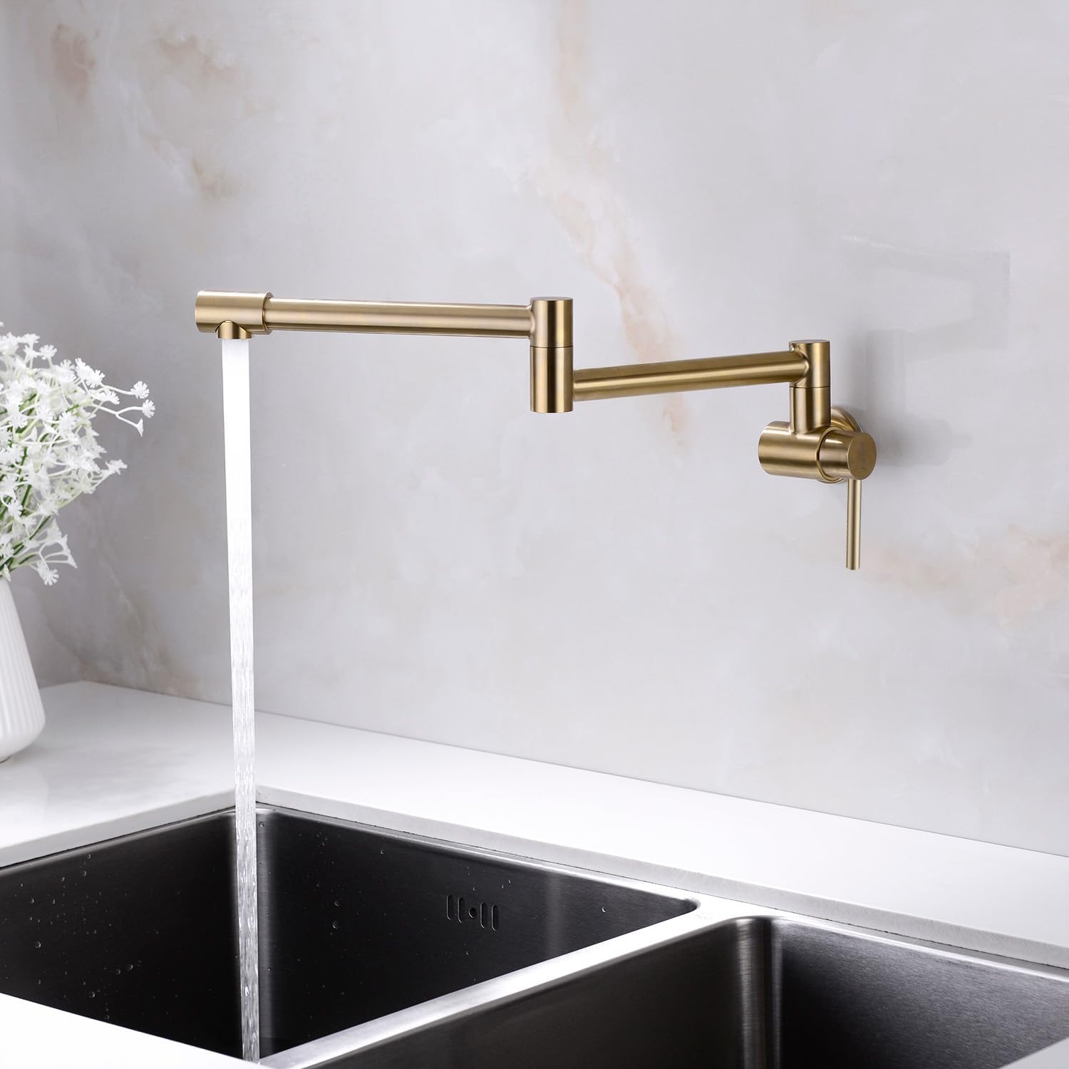 Avola Gold Pot Filler Faucet Wall Mount, Pot Filler Kitchen Faucet 360 Swing Arm Folding Stretchable with Single Hole Faucet,Brushed Gold Finish