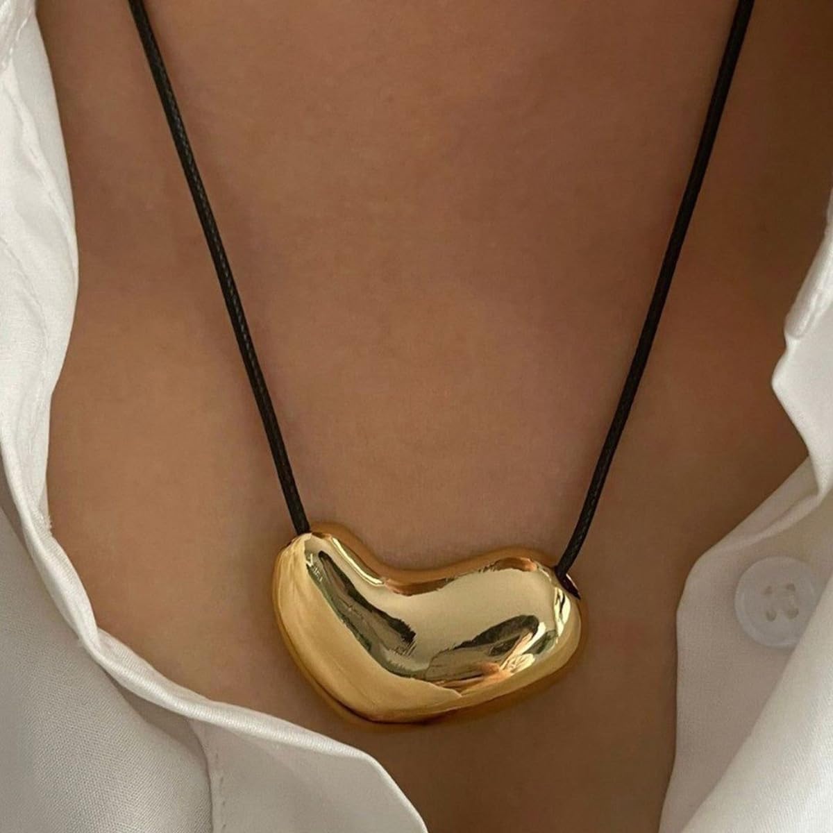 Minimalist Wishbone Cord Necklace With Sculptural Pendant For Women | Hypoallergenic 18K Gold Plated Stainless Steel Chunky Statement Pendant Necklace | Adjustable Black Choker With Boho Style - Image 9