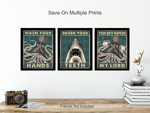 Miniatura 6 de Octopus Decor Shark Wall Decor - Wash Your Hands, Brush Your Teeth Kids Bathroom Decor - Ocean Beach nautical Decor - Green Bathroom Decor Wall Art