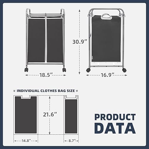Miniatura 6 de Clasificador de ropa sucia de 2 secciones, 2 bolsas, carrito de lavandería rodante, cesta de lavandería con ruedas resistentes con cerradura y bolsa