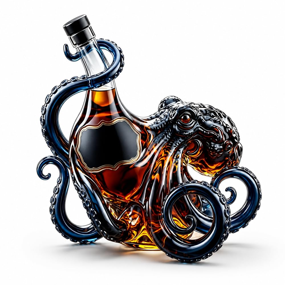 Octopus Decanter, HOVCEH 350ML Octopus Bottle, Decorative 3D Deep Sea Tentacle Sculpture Wine Decanter, Handcrafted Artistic Octopuses Shaped Glass Decanters for Men Marine Lover