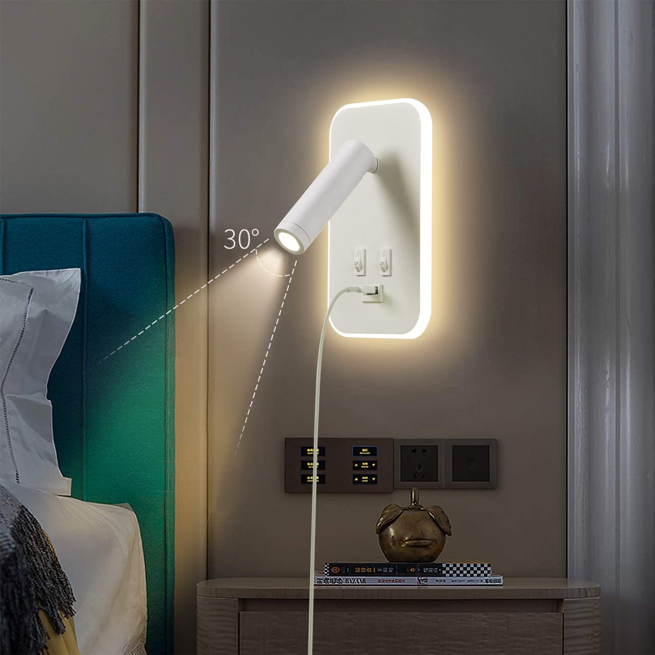Lampada da Parete a LED, Lampada da Lettura da Comodino, con Porta di Ricarica USB, Faretto Regolabile con Luce Ambientale per Camera da Letto (3W 3100K+9W 6000K) Bianco