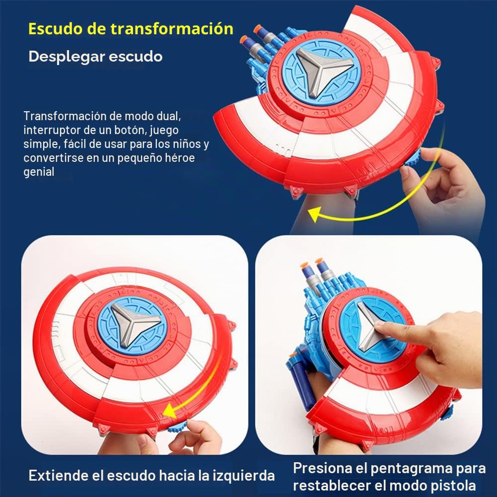 Escudo Capitán Lanzador con 20 Balas de Esponja, Escudo Defensivo y Lanzador, Juguete de héroe, Regalo de Accesorios de Cosplay para Niños