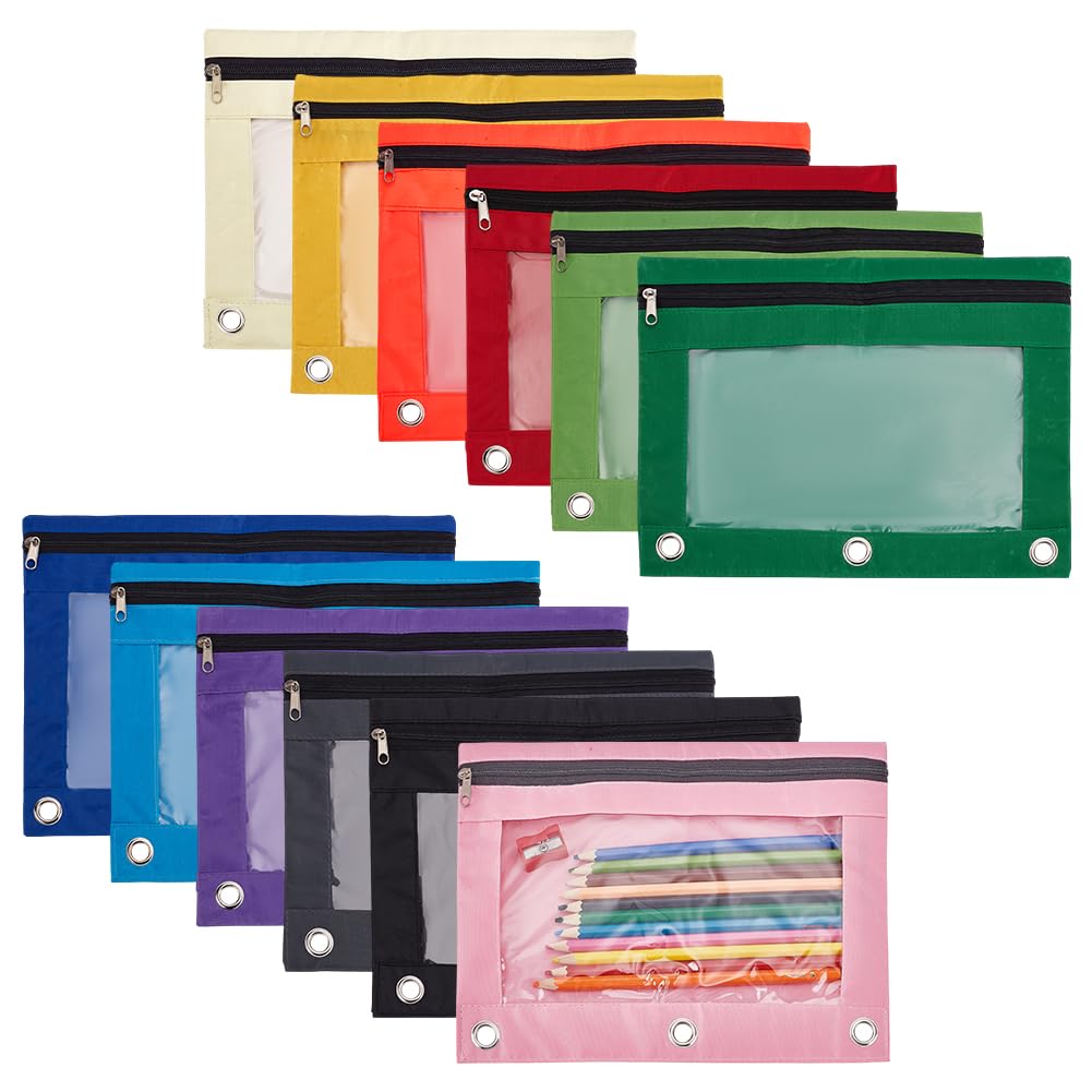 FINGERINSPIRE 12Pcs Pencil Pouch with 3 Ring Binder, 190x255mm 12 Colors Zipper Binder Fabric Pouches Cloth Pencil Bags with Clear Window for School Classroom Supplies/Office/Home