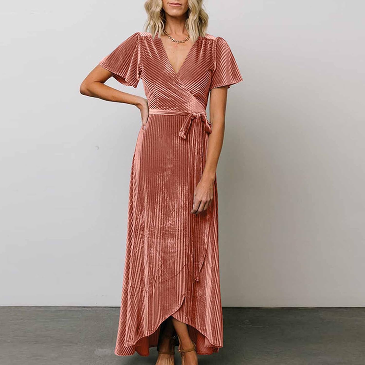 tuduoms Women's Long Western Dress Boho V Neck Ruffle Wrap Maxi Dress Flutter Sleeve Semi Formal Dresses for Wedding Guest