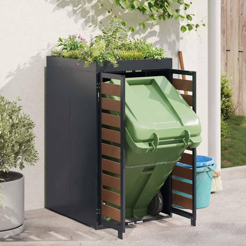 ACAGALA Copribidone per Spazzatura rifiuti 240L con Tetto a Fioriera, Antracite, Doppie Aperture e 2 Porte, Acciaio & HDPE Inox, Ventilato con Scarico, 65x73x113 cm