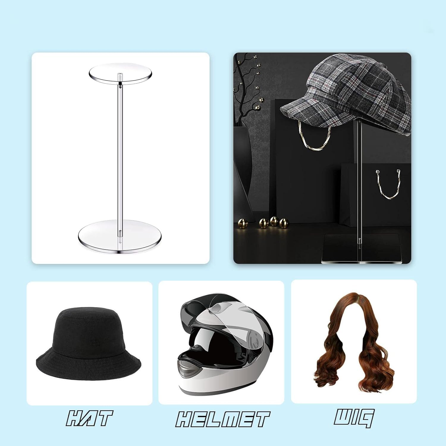 2pcs Espositore per Cappelli in Acrilico Trasparente per Esposizione con Base, Multifunzionale Cappello e Parrucca Scaffale Alzata Stand per Display Cappelli, Orologi Gioielli (30cm,Rotondo)