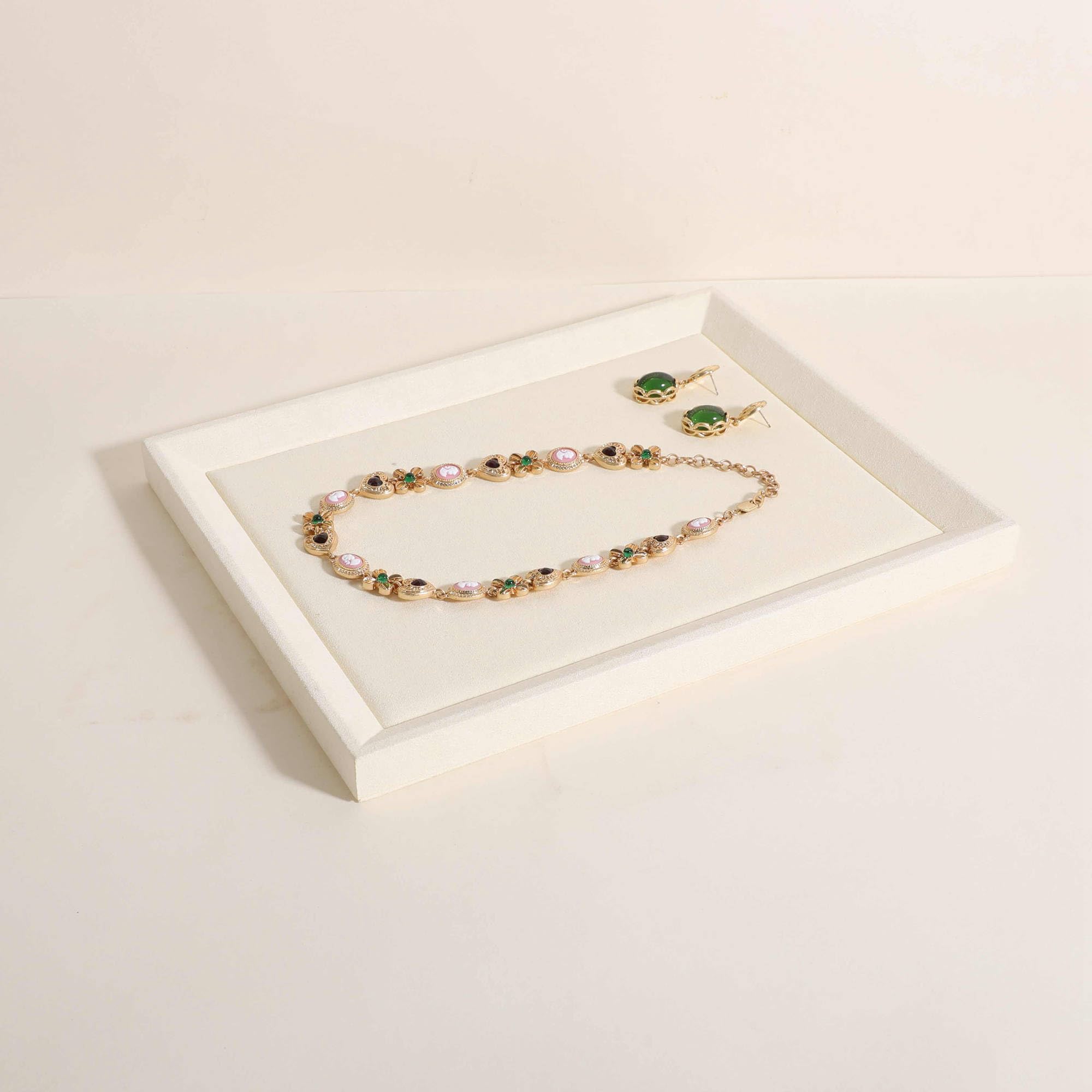 GemeShou Gemehou Square velvet Jewerly display tray, Nightstand Jewelry Organizer plate, Stackable Empty Jewelry showcase tray for Necklace Bracelet Ring Earring Watch (Cream-Medium)