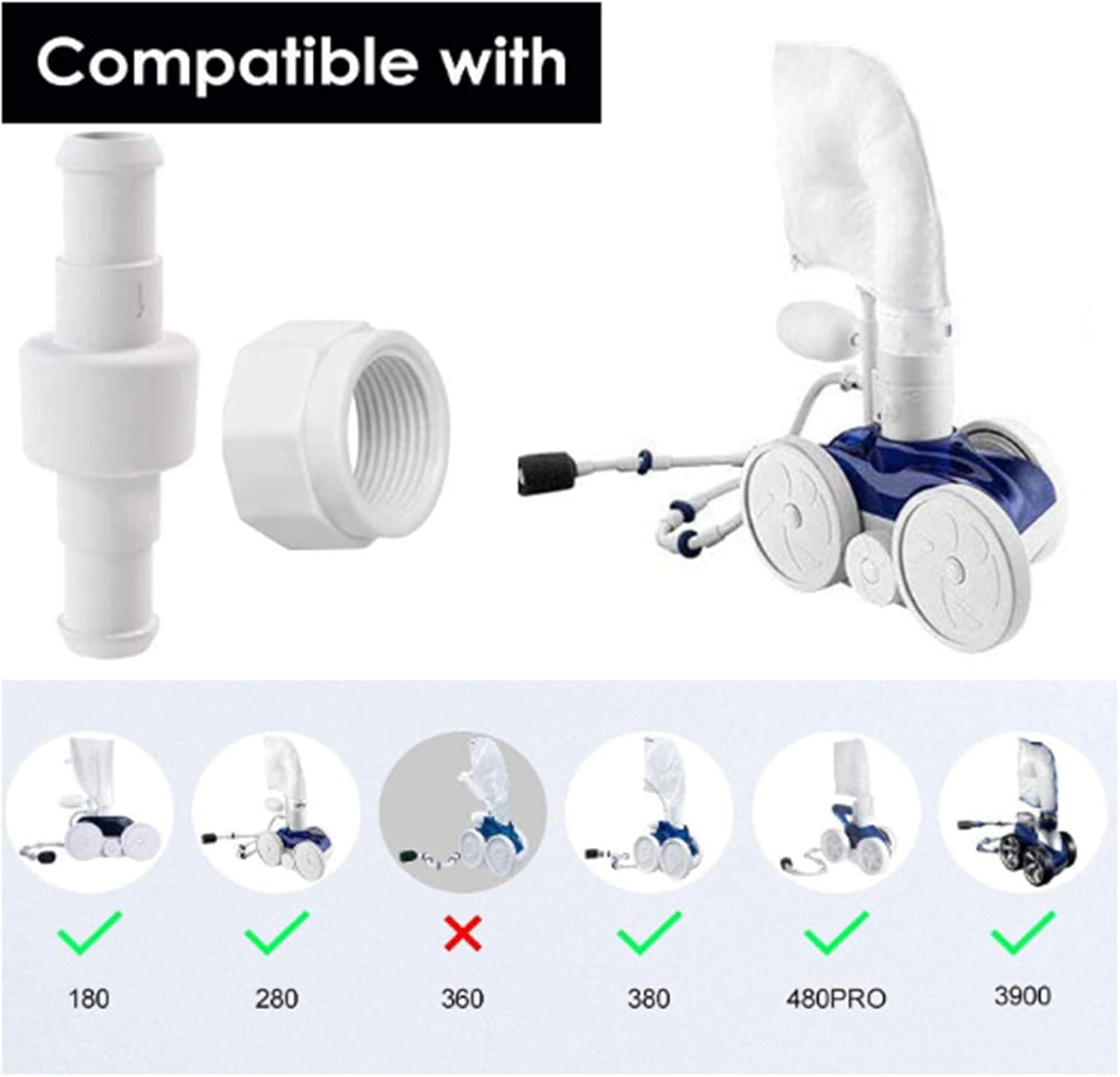 Pool Cleaner Hose Replacement Kit, 1 Hose Swivel and 2 Matching Nuts for 180 280 380 D20 Swimming Pool Sweep Parts