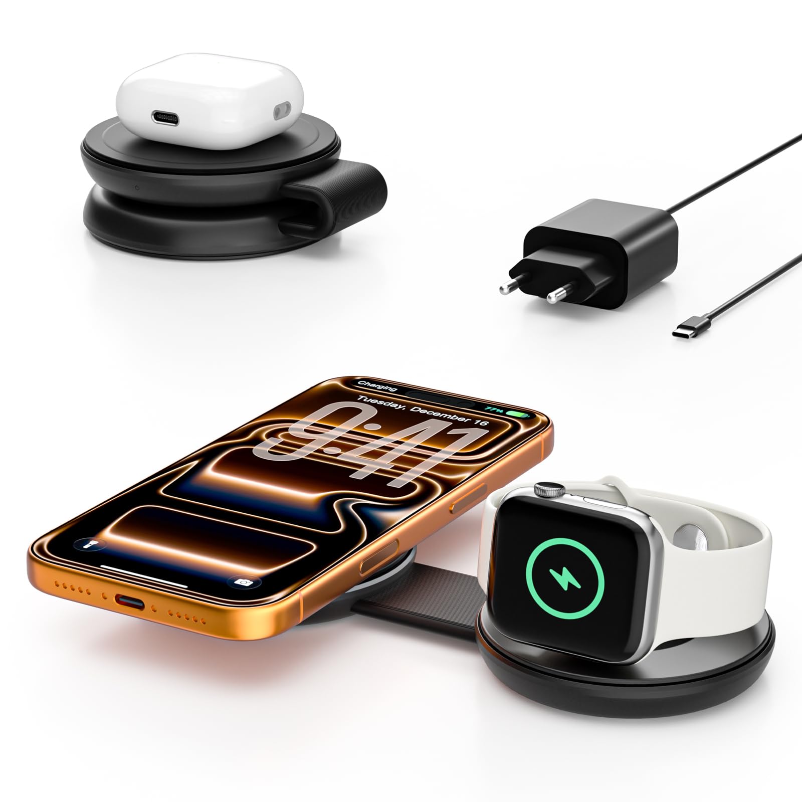 Station de Charge magnétique sans Fil 2 en 1, Chargeur Rapide Qi2 25 W, Pliable, Compatible avec Mag-Safe pour iPhone 17e/17/16/15/14/13/12/Air, Apple Watch Ultra/Series 1–11, AirPods 4/3/2/Pro