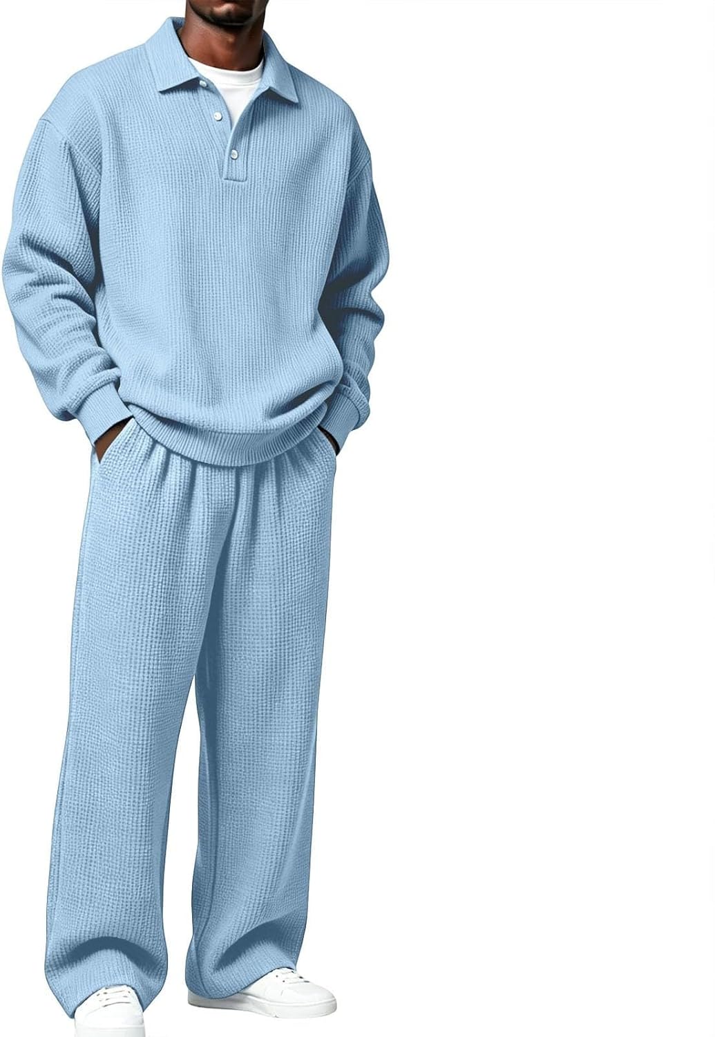 HJINGSUN Sweat Suits Men Waffle Knit Polo Neck Shirt Sweatpants 2 Piece Set