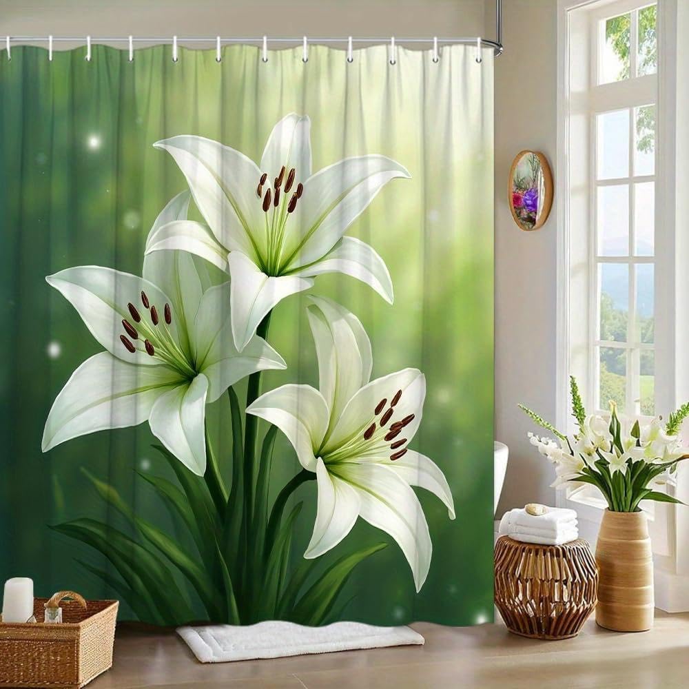 Rideau de douche lys blanc et vert 120 x 210 cm pour décoration de baignoire élégante