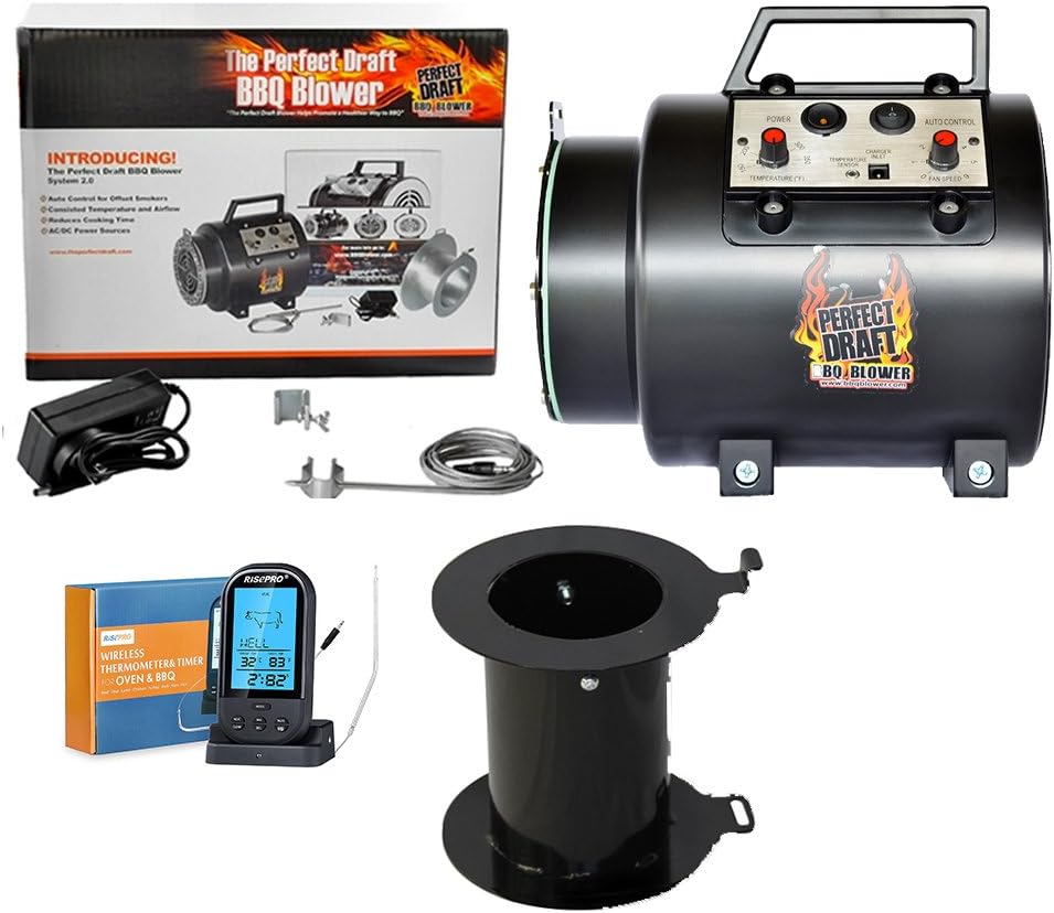 BBQ Blower Automatic Grill Outdoor Cooking Set -Grill Fan with Wireless Meat Thermometer Cooking for Grill Temperature Control to Cook Meat Evenly -The Perfect Draft