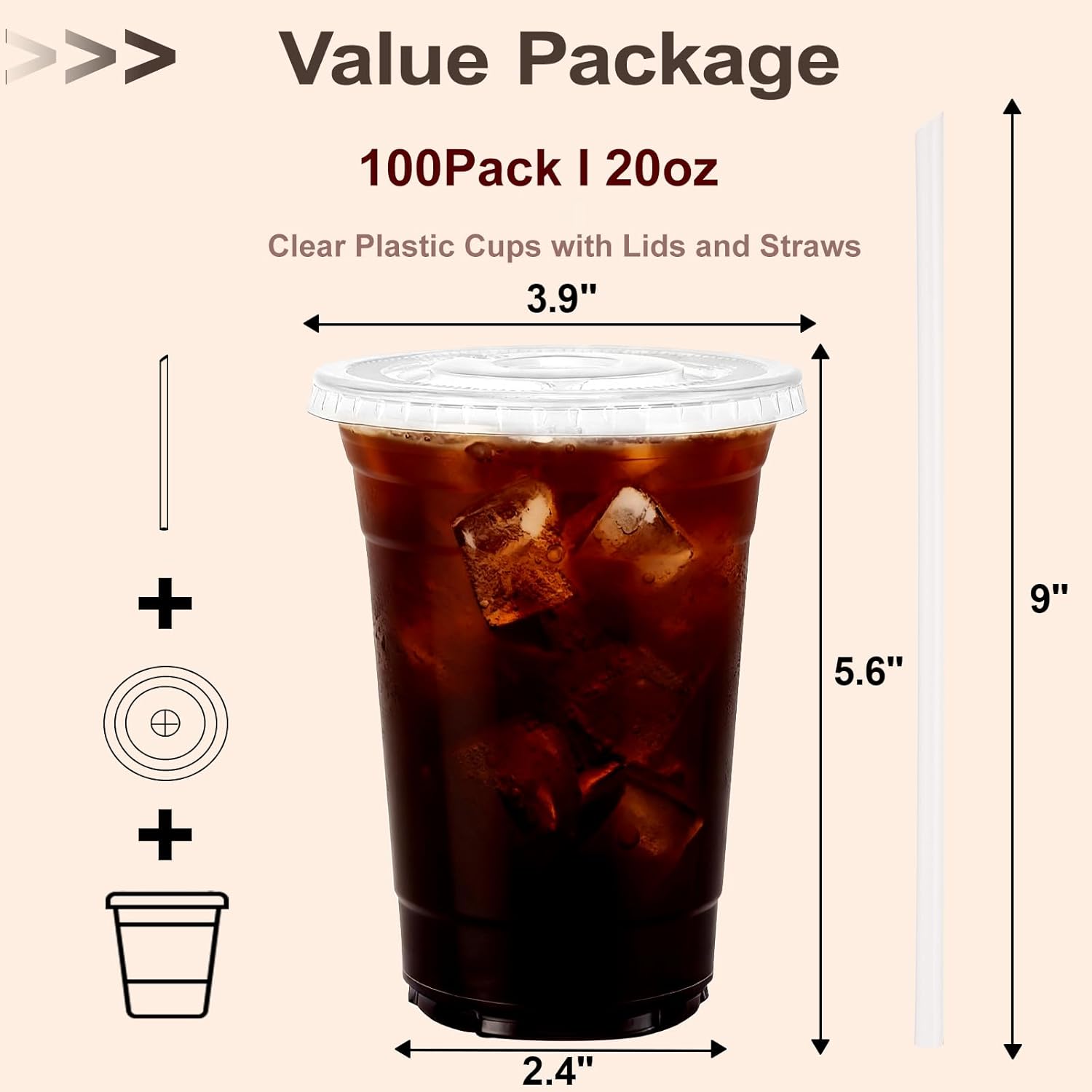 100 Pack 20 oz Clear Plastic Cups with Lids and Straws - Disposable Iced Coffee Cups with Lids for Cold Juice Drinks, Smoothie, Coffee Bar Accessories, Leak-Proof & Durable To Go Cup, BPA-Free