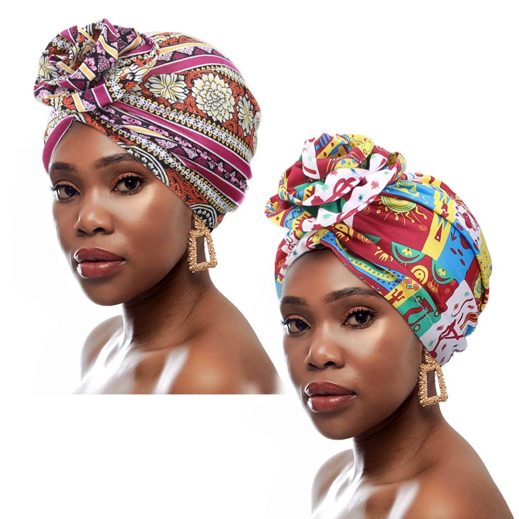 Formery African Pre-Tied Turban Cap Red Flower Knot Head Wraps Pleated Bohemian Pattern Chemo Headwear for Black Women (2PCS)