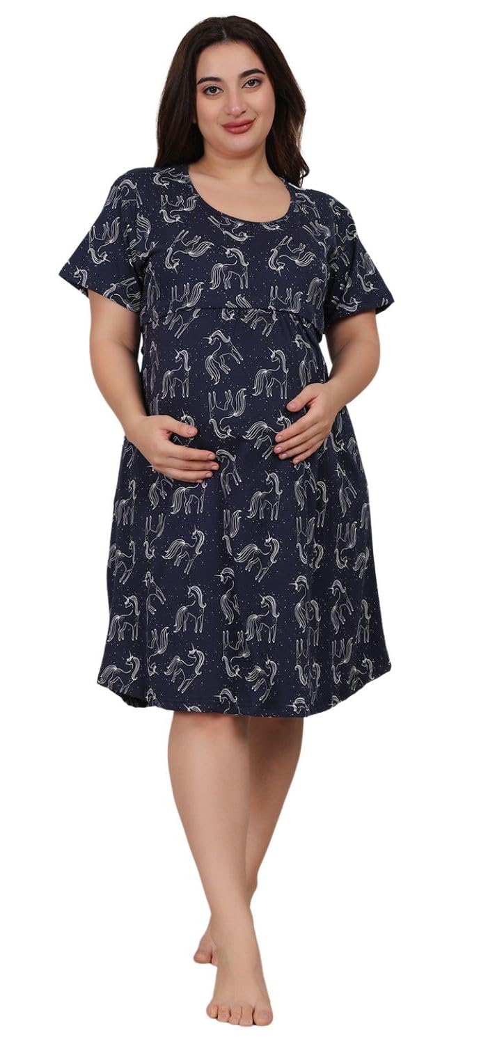 Women's Printed Pre and Post Pregnancy Pure Cotton Nursing Nightdress Nighty-image-19