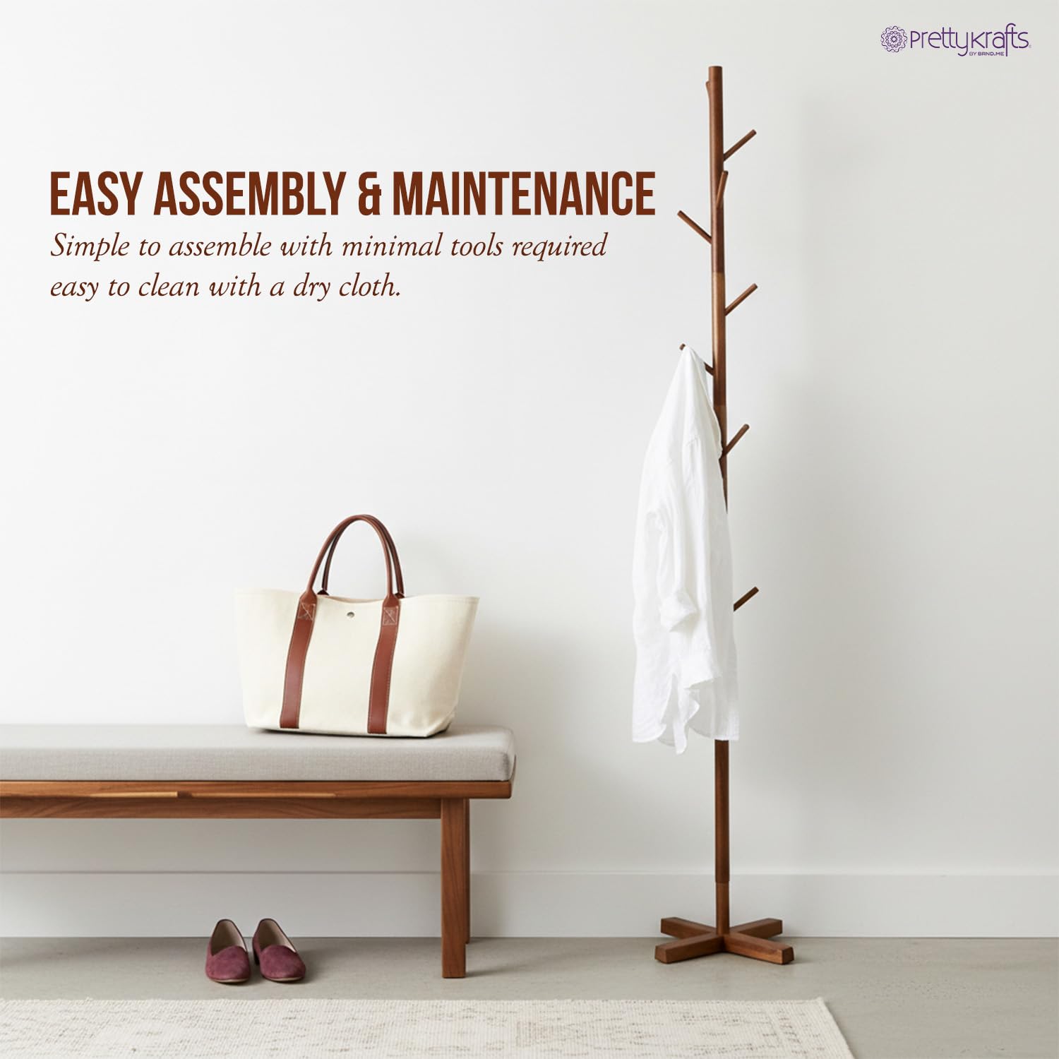PrettyKrafts Wooden Clothes Hanging Stand with 8 Hooks | Free-Standing Coat Hanger for Home & Office | Multipurpose Cloth Stand for Bedroom, Living Room & Entryway | Natural Wood Coat Rack 2