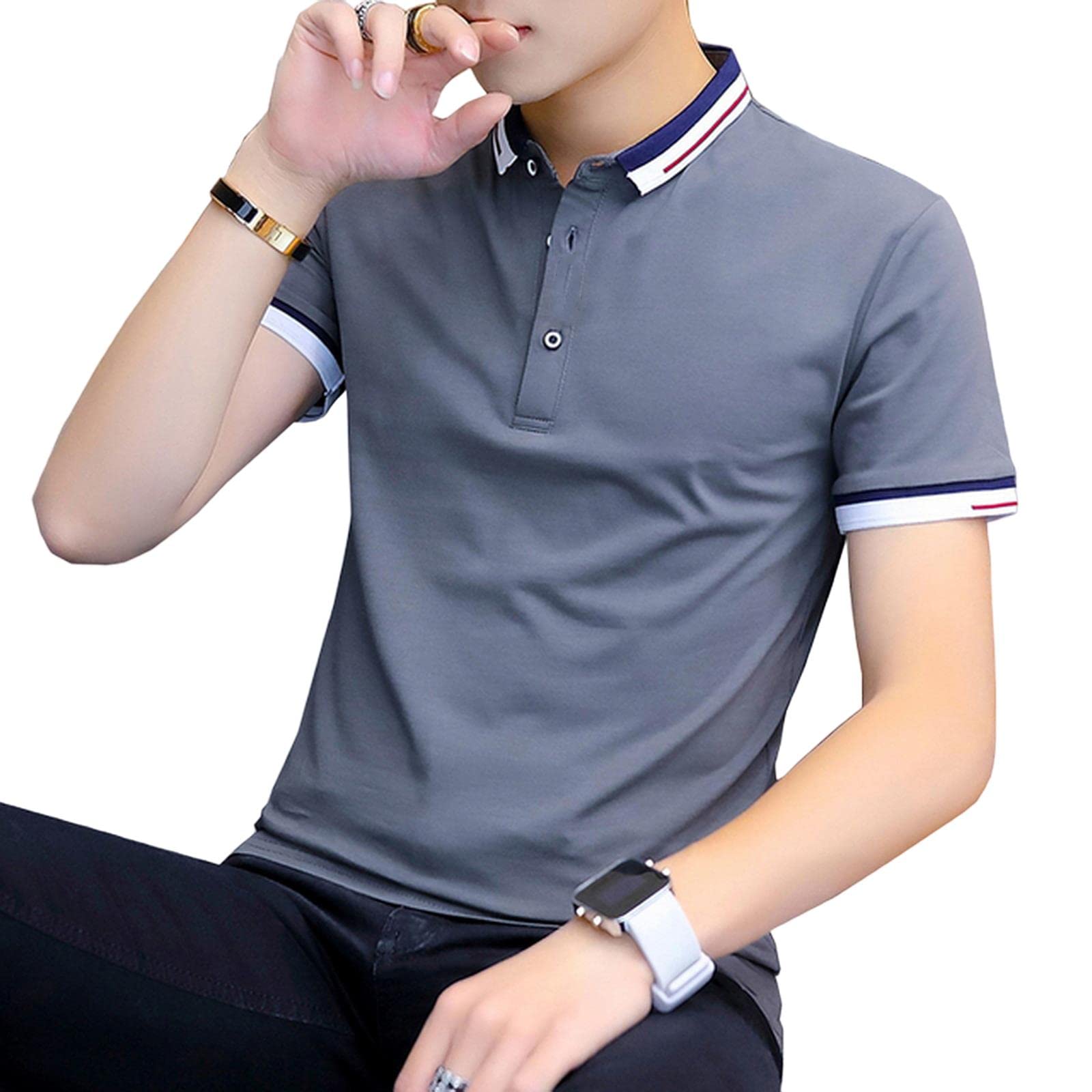 Camiseta casual de verano para hombre, talla grande, manga corta, cuello abatible, camisa ajustada para hombre, gris oscuro, talla 1, XXL