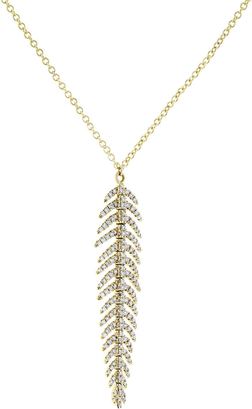 Kobelli Diamond Dangle Feather Necklace 2/5 CTW 14k Yellow Gold