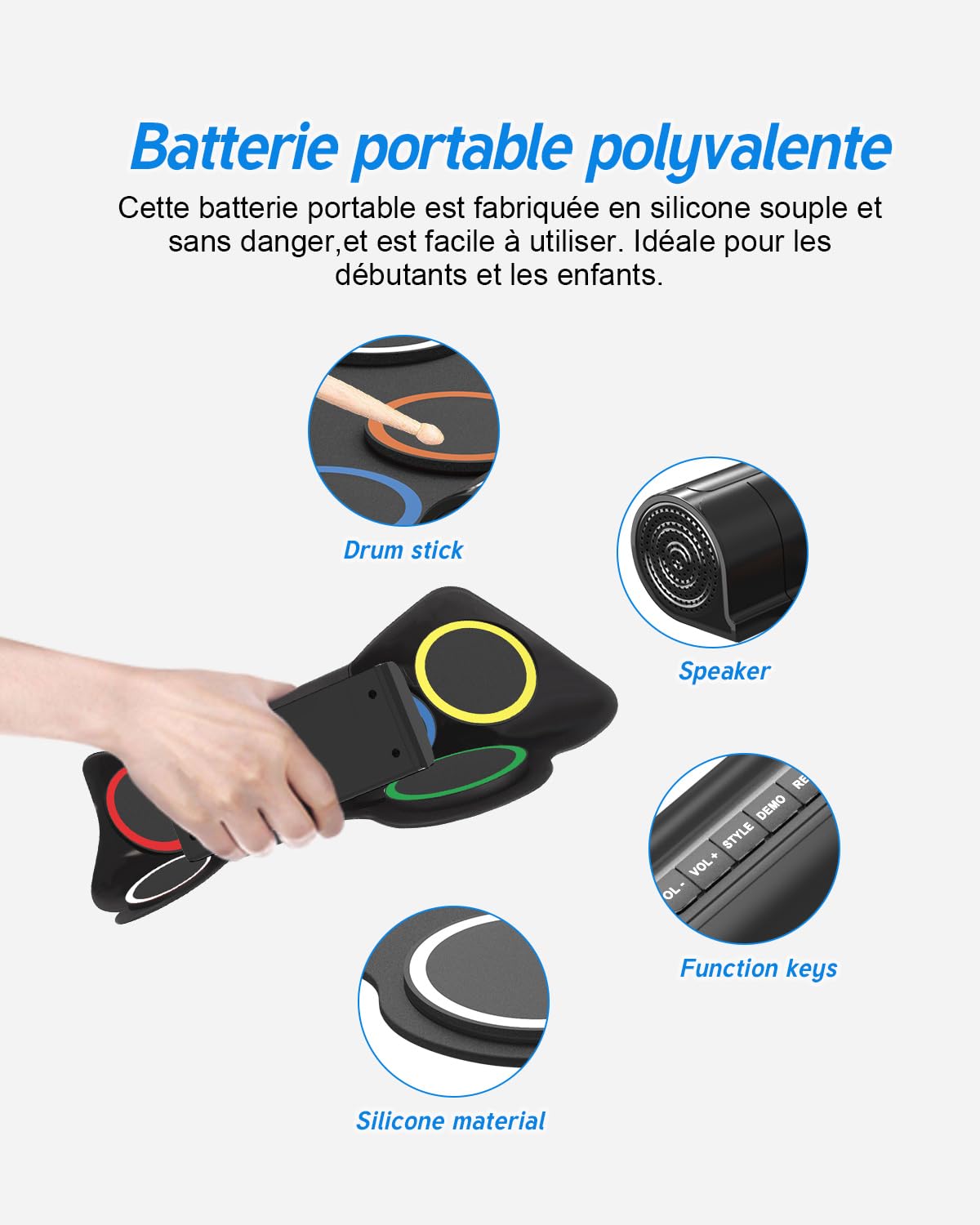Batterie électronique pour enfants, 7 pads enroulable avec MIDI, kit de tapis de batterie d'entraînement pour débutants et enfants avec haut-parleur stéréo intégré, tambour électronique portable