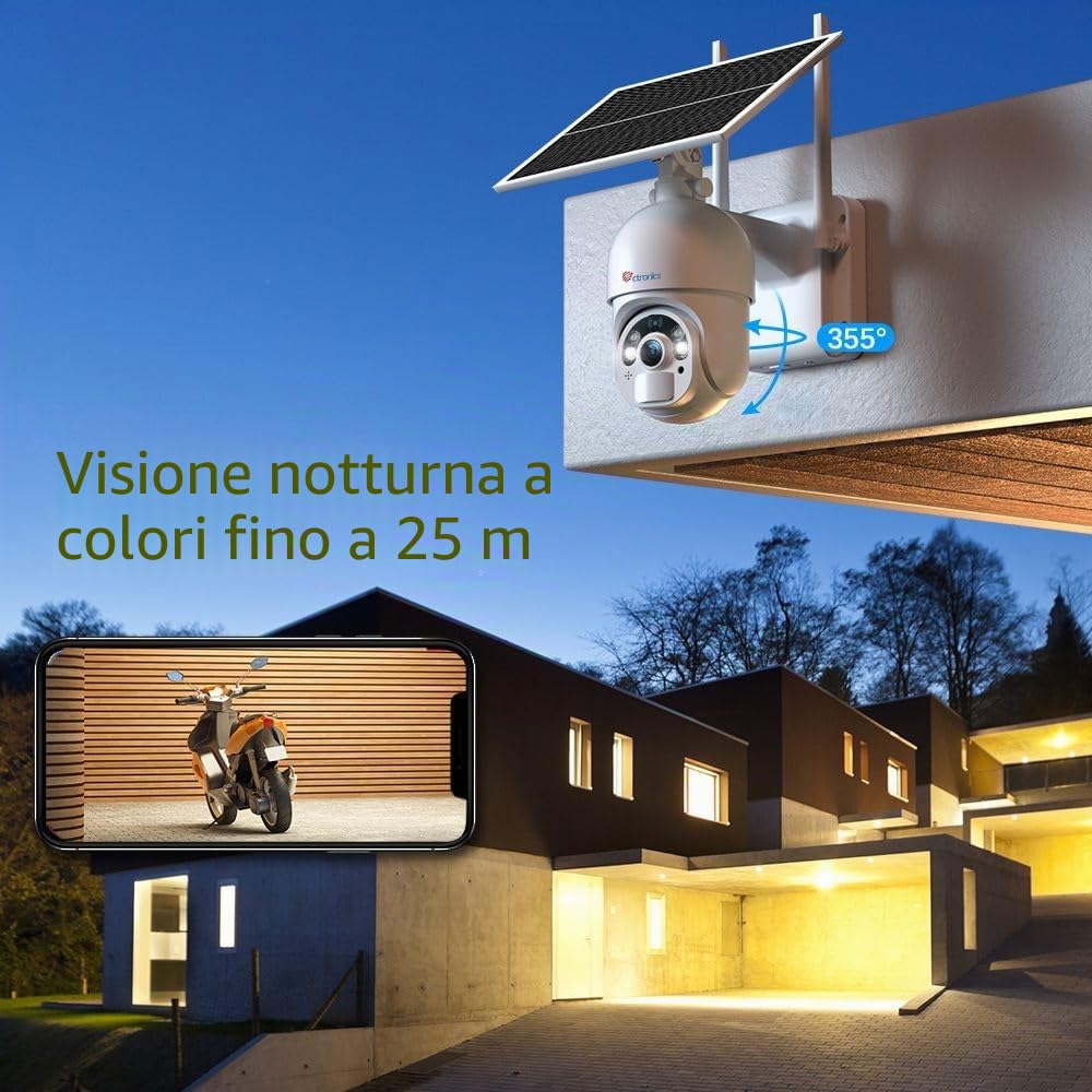 Ctronics 6W Pannello Solare Telecamera Esterno WiFi 2K 3MP, Visione Notturna Colore 30m & Spotlight, PC/APP, FTP/Cloud/128GB, Rilevamento PIR, Audio Bidirezionale, IP66 | Visione Notturna Colore 25m & Spotlight, PC/APP, FTP/Cloud/128GB, PTZ IP WiFi a Batt