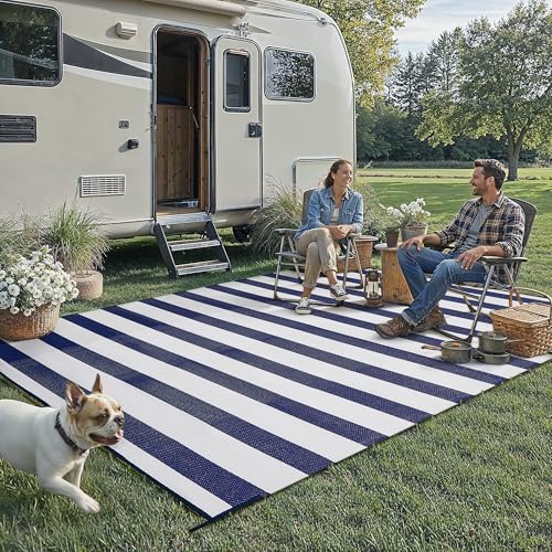 PureCozy Outdoor Waterproof Patio Rug 6x9 Plastic Straw Reversible Lightweight Outside Navy Blue Stripe Large Carpet Outdoor for Camping RV Porch Deck Balcony Beach by PureCozy - Image 5