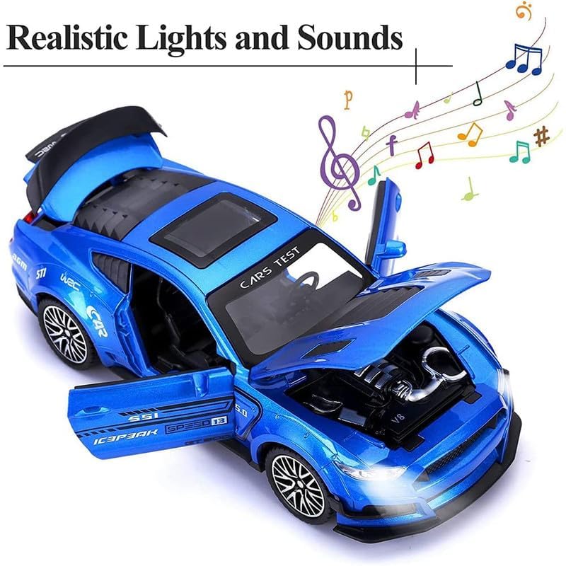 Image of Kids Model 1:32 Mastang Die Cast Metal Car Pull Back Action Opening Doors with Realistic Engine Sound Lights Toy Car Gift for Boys - Blue