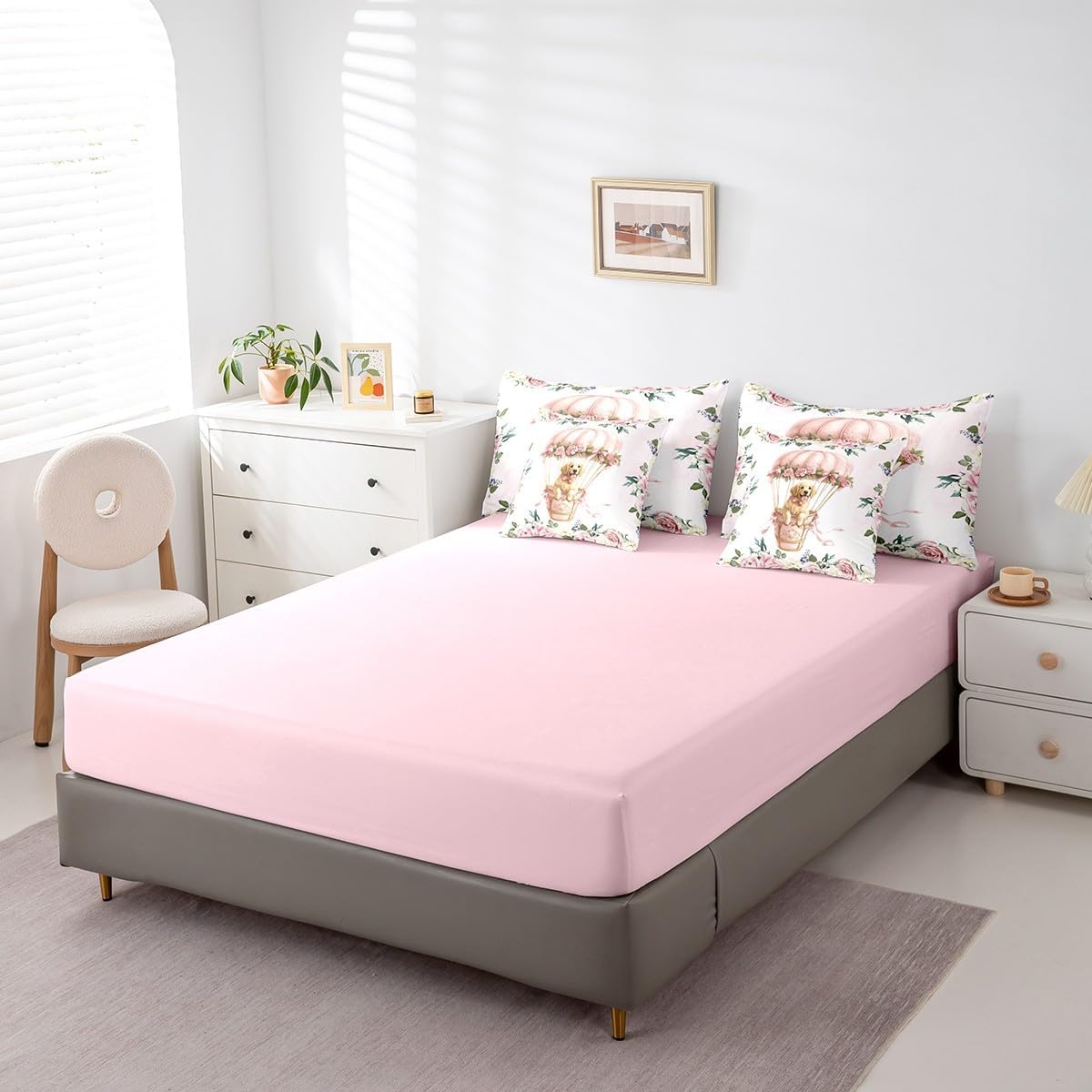 7 Pieces Golden Retriever Kids Comforter Queen,Pink Bowknot Hot Air Balloon Dreamy Bedding Set,Rose Flowers Princess Bow-tie Cartoon（Comforter+Fitted+Flat Sheet+2 Pillowcases+2 Throw Pillow Covers）