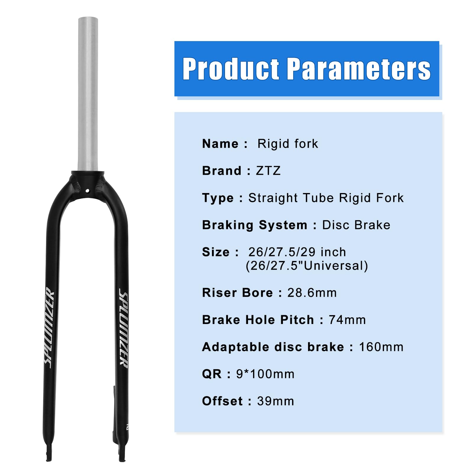 1-1/8" 26/27.5/29" Fourche VTT en Alliage d'Aluminium avec Frein à Disque Rigide, 28.6mm Tube Droit sans Filetage Fourche Avant de VTT Superlight