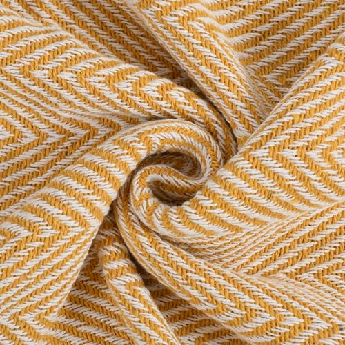 Image of Cotton Herringbone Throw for Sofa & Bed - 125x150 cm (50x60 inches) | Soft Lightweight Decorative Blanket with Tassels | Premium Reversible Yellow & White Sofa Throw