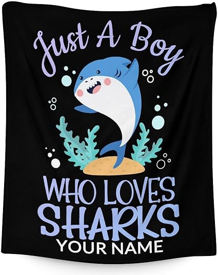 Personalized Shark Blanket Gifts with Name - 50"x60" Cute Throw Blanket for Boys - Black Soft Fuzzy Blankets for Bed, Couch & Living Room