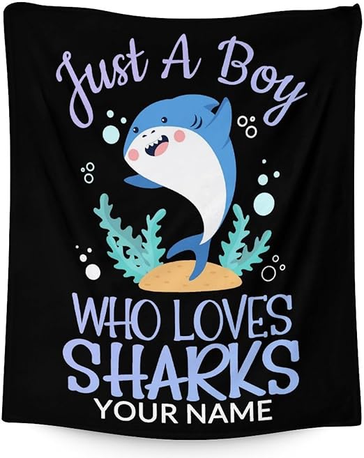 Personalized Shark Blanket Gifts with Name - 50"x60" Cute Throw Blanket for Boys - Black Soft Fuzzy Blankets for Bed, Couch & Living Room
