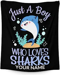 Personalized Shark Blanket Gifts with Name - 50"x60" Cute Throw Blanket for Boys - Black Soft Fuzzy Blankets for Bed, Couch & Living Room