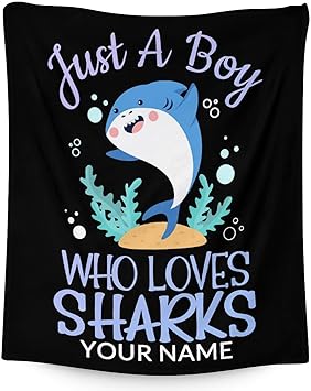 Personalized Shark Blanket Gifts with Name - 50"x60" Cute Throw Blanket for Boys - Black Soft Fuzzy Blankets for Bed, Couch & Living Room
