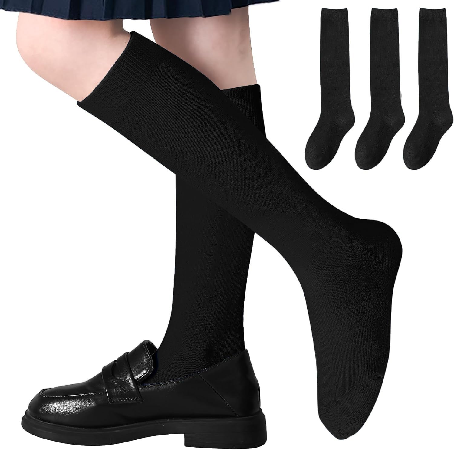 Generic Calcetines Altos Escolares para Niñas, Medias Largas de Algodón para Uniforme y Deporte, 3 pares