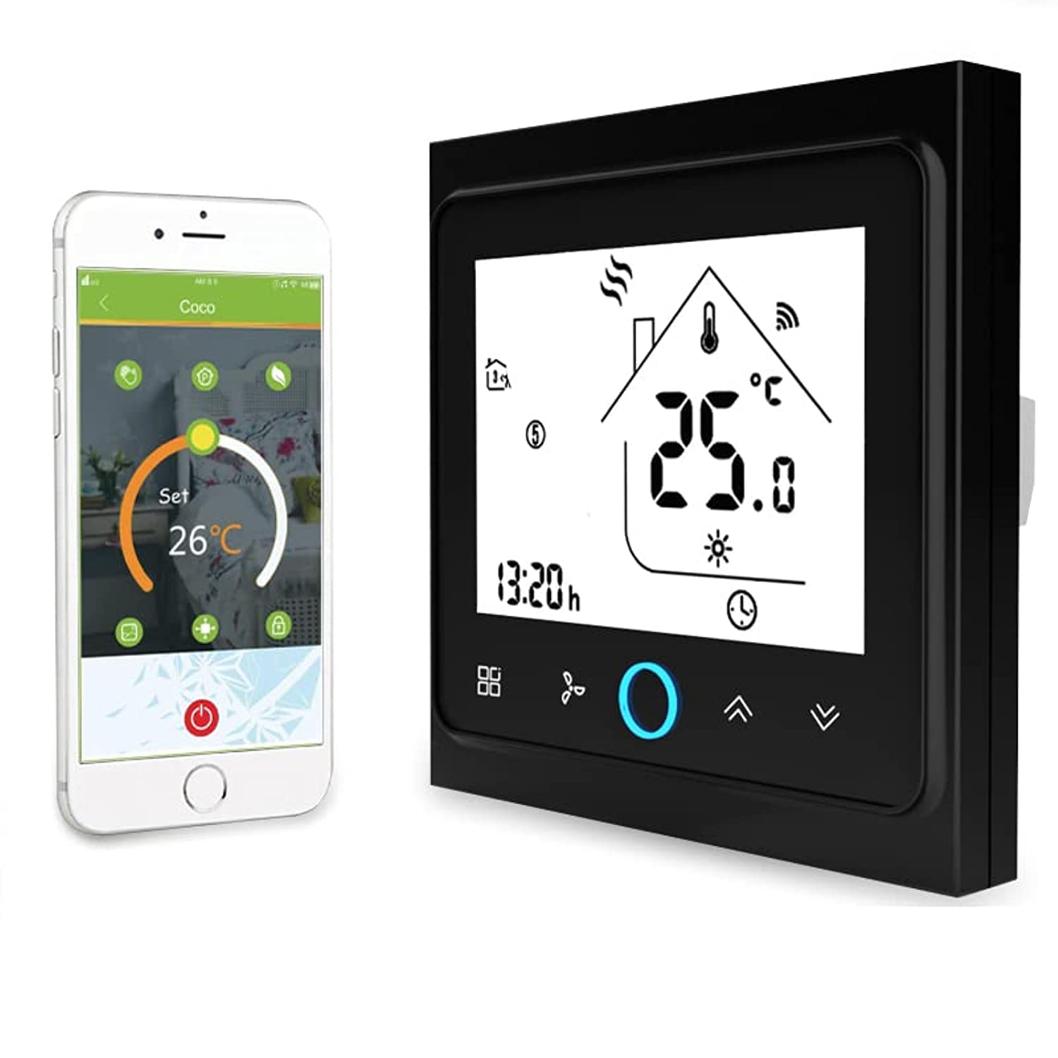 MOES WiFi AC Smart Thermostat 4 Pipe, WiFi Central Air Conditioner Temperature Controller, 3 Speed 95-240V/AC, Tuya Smart Life App Control, With Amazon Alexa Echo Google Home Support, Black