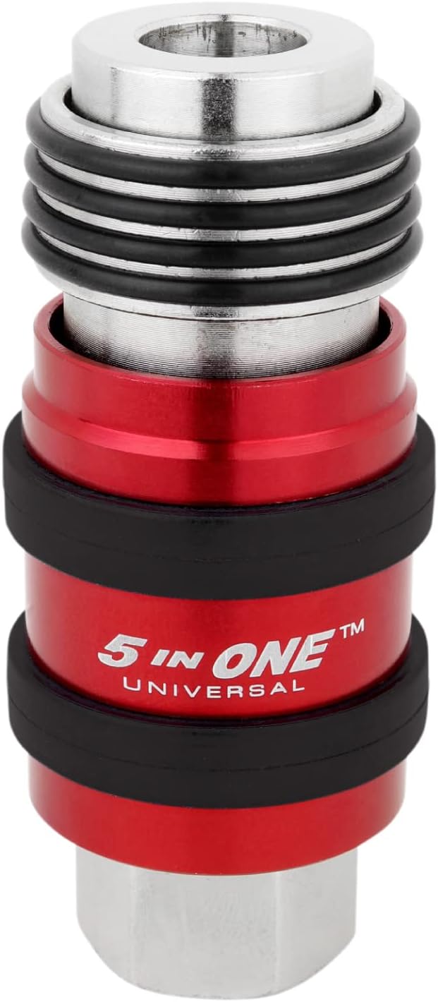 5 In ONE Universal Quick Connect Industrial Coupler, 1/4" Female NPT, Air Hose Connection, Safety Exhaust Coupler, Single, Red (S-1750)