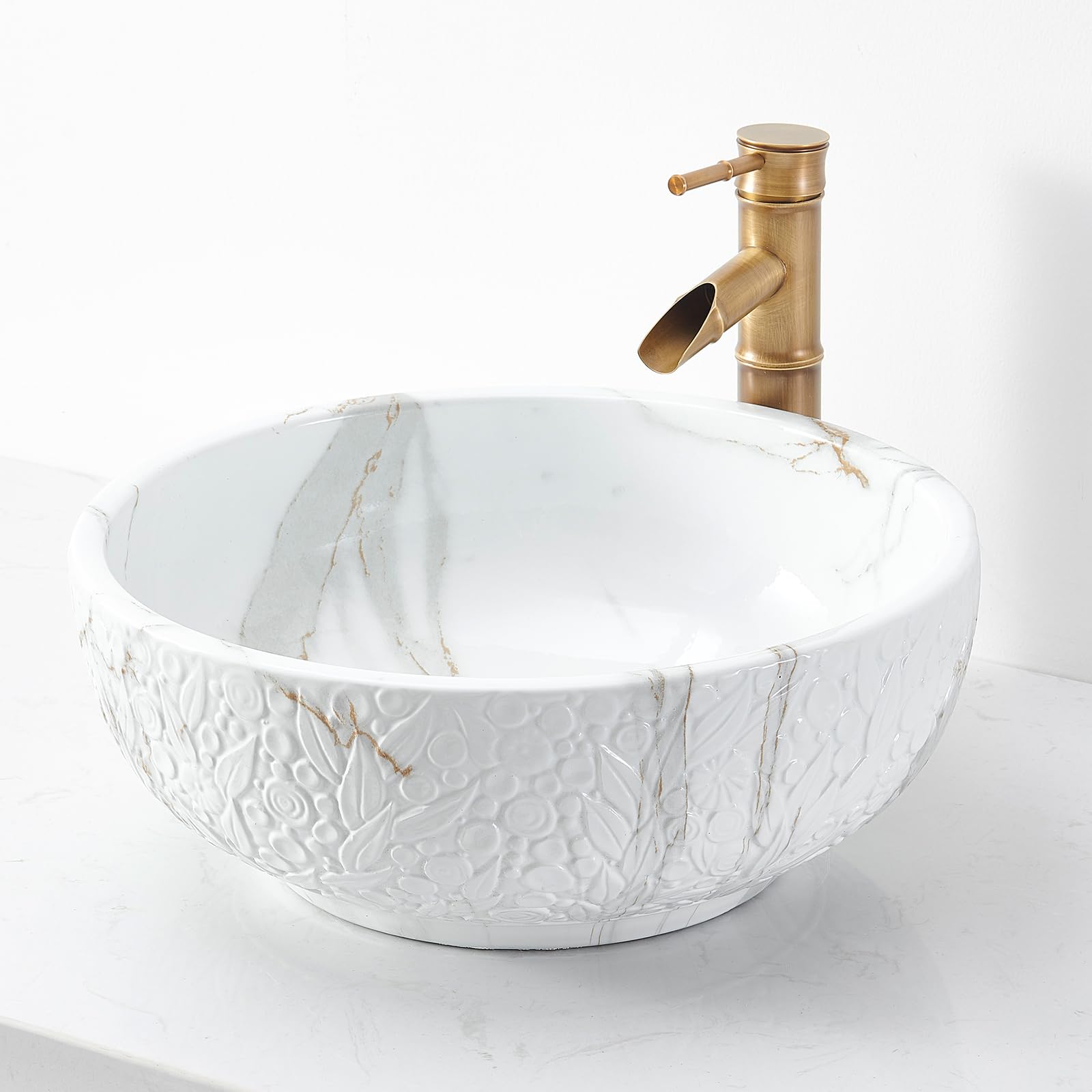 NATURFLAIR Bathroom Basin Sink, Counter Top Jazz White Marbling Cloakroom Ceramic Basin for Bathroom, Lavatory, Vanity Cabinet, Toilet (Round 420 x 160 mm)