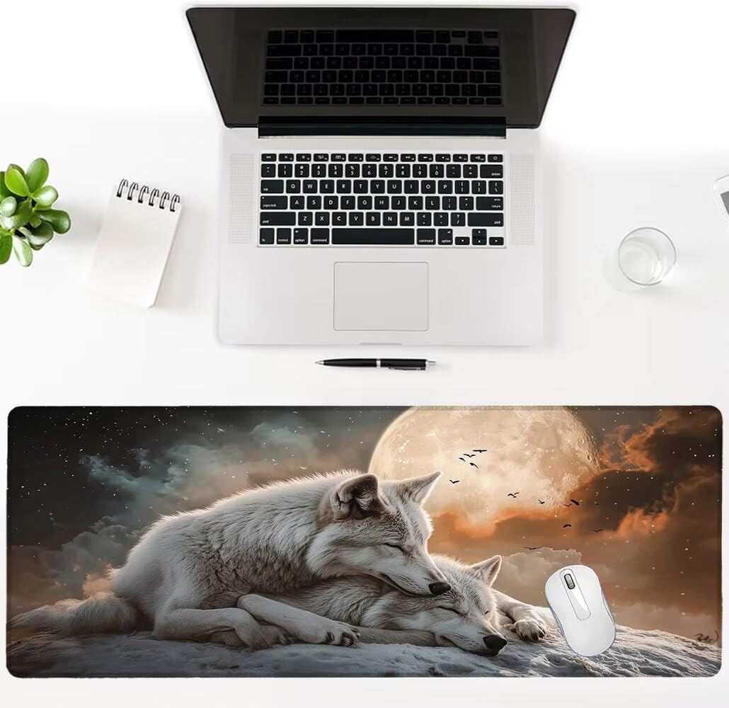 Alfombrilla Ratón XXL 600x1200x3 mm Mouse Pad Grande Gaming Lobo Alfombrilla Escritorio,con Base de Goma Tapete Escritorio con Bordes Cosidos, Impermeable Antideslizante Ordenador Desk Mat zj-757
