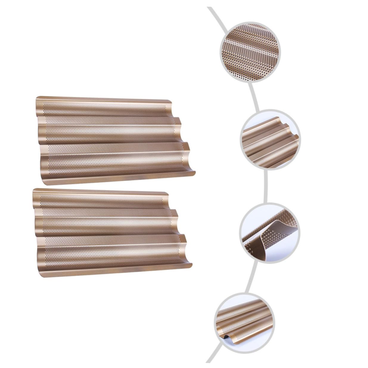 Baluue 2 pièces Moule à Baguette Français Acier Doré Compartiments Perforés Antiadhésif Conduction Rapide pour Cuisson Uniforme Lot