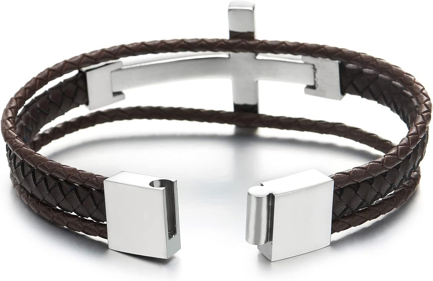 Mens Steel Horizontal Sideway Lateral Cross Three-Row Brown Braided Leather Bangle Bracelet