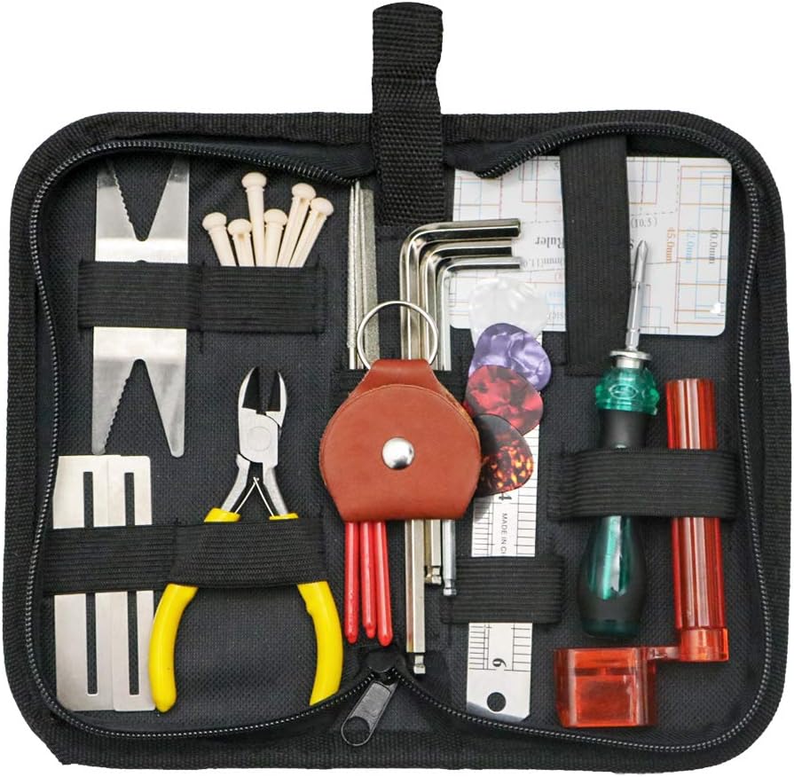 26PCS Guitar Repairing Tool Kit, Including Wire Plier, String Organizer, Fingerboard Protector, Hex Wrenches, Files, String Action Ruler, Spanner Wrench, Bridge Pins for Guitar Ukulele Bass (26)