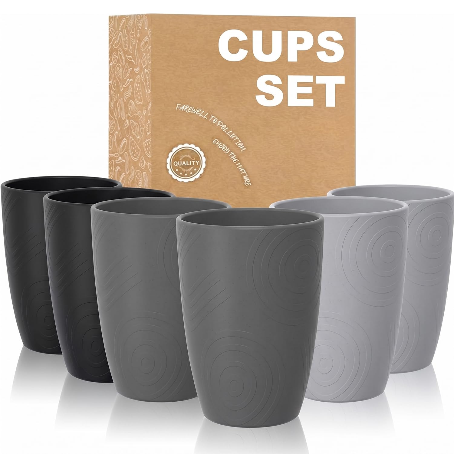 Wrova Reusable Plastic Cups - Drinking Glasses Set of 6 Unbreakable and Lightweight Plastic Glasses 350ml | Dishwasher and Microwave Safe Plastic Glasses for Kitchen, Camping and RV - Grey Stone